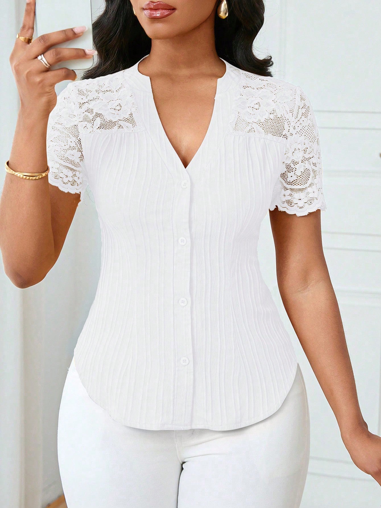 Women's Fashion Single-breasted Solid Color Embroidery Hollow Tops