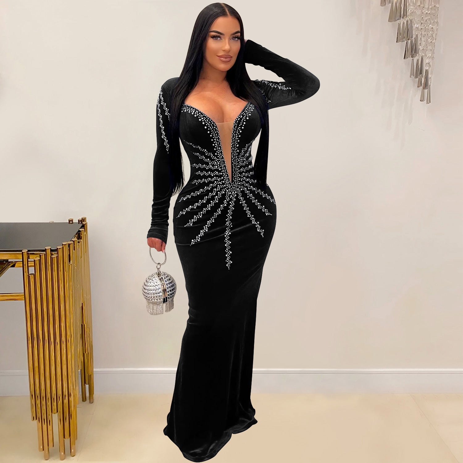 Women's Fashion Wear Solid Color Sexy Rhinestone Long Dress