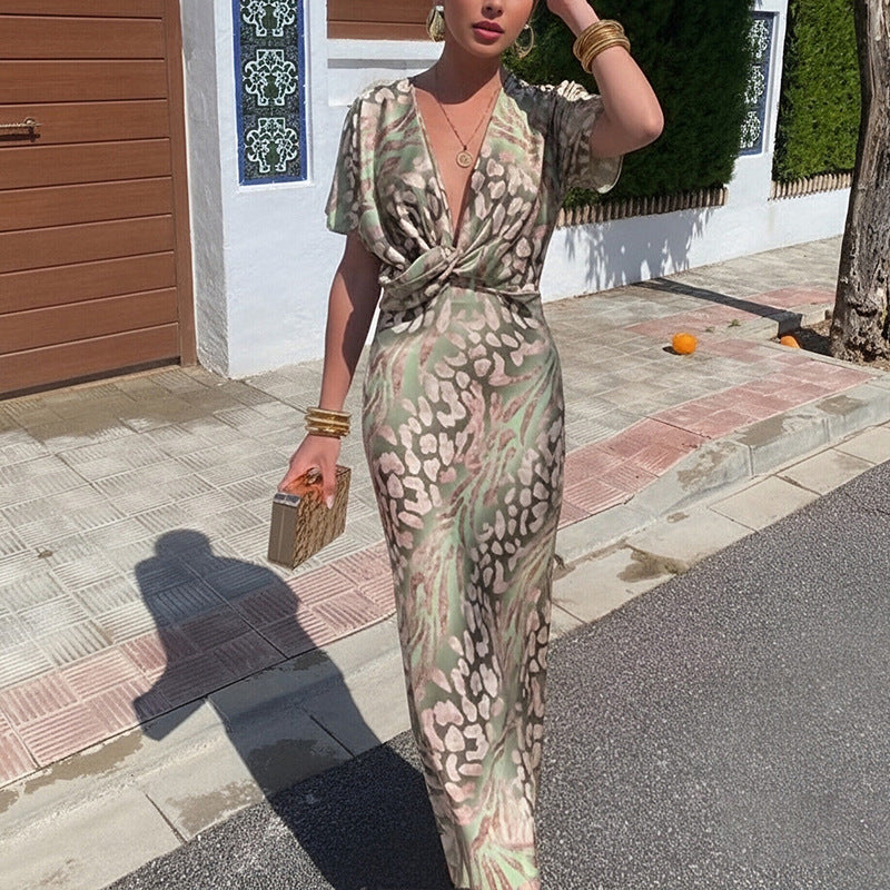 Women's Spring Fashion Knot Printed Sexy High Dress