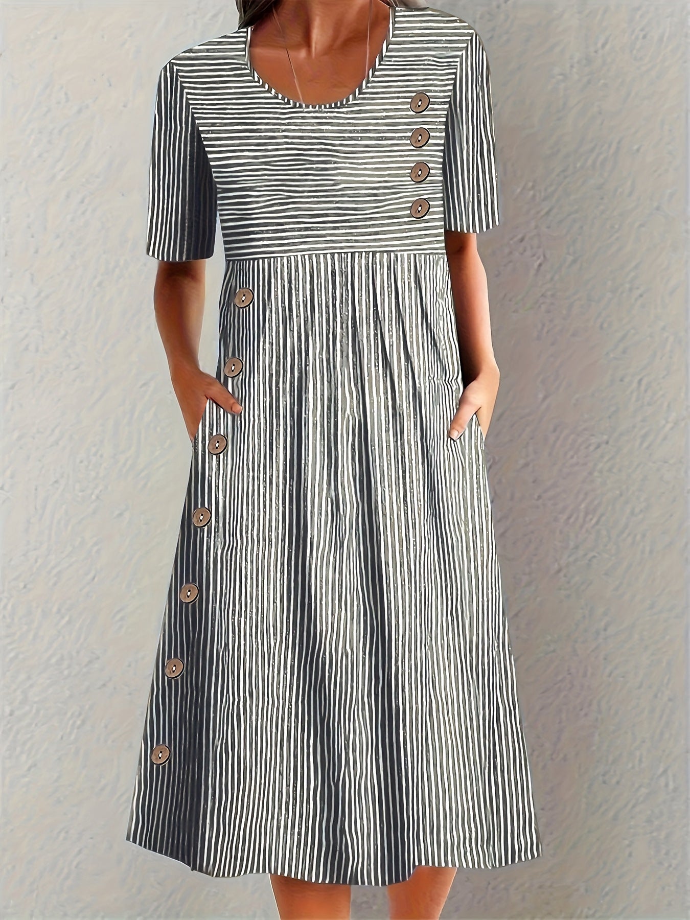 Women's Summer Sleeve Striped Fashion Wear Elegant Fastener Decoration Skirts