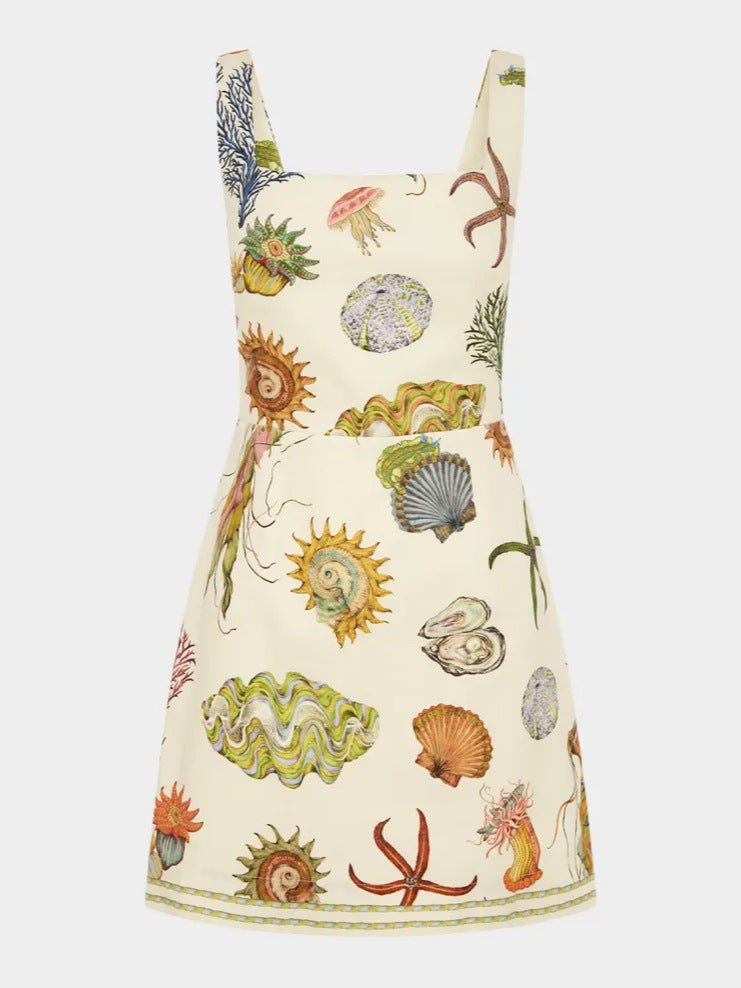 Cotton Linen Printed Casual Strap Mini Dress