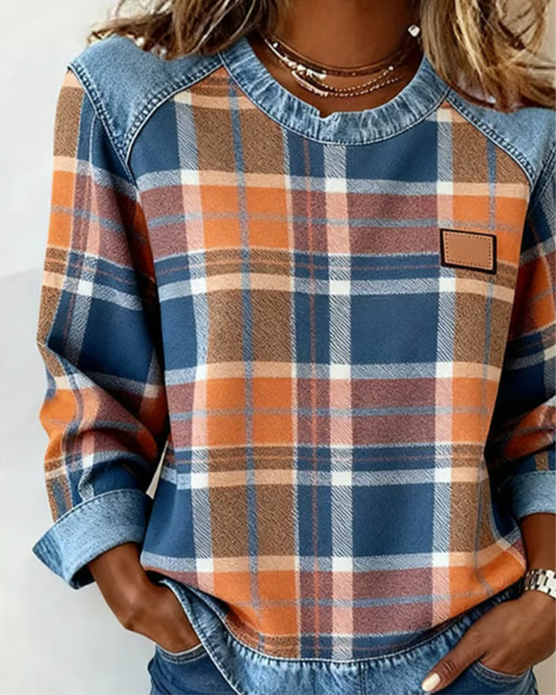 Women's Plaid Stitching Denim Round Neck Loose-fitting Source Sweaters