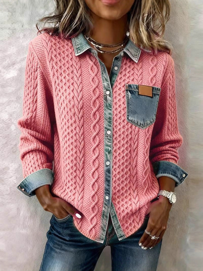 Women's Knitted Patchwork Denim Shirt Fashionable Long Jackets