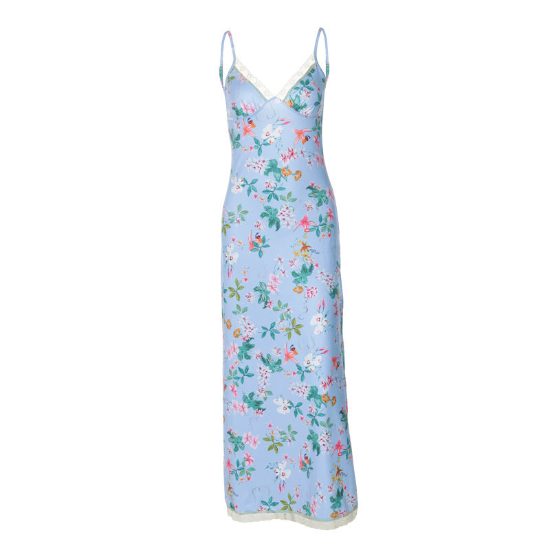 Women's Fashion Backless Printed Sexy Slip Lace Dress
