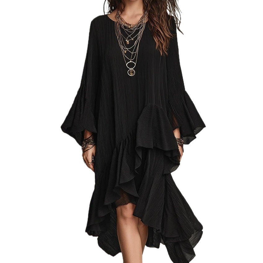 Beautiful Unique Elegant Asymmetric Ruffled Black Dress