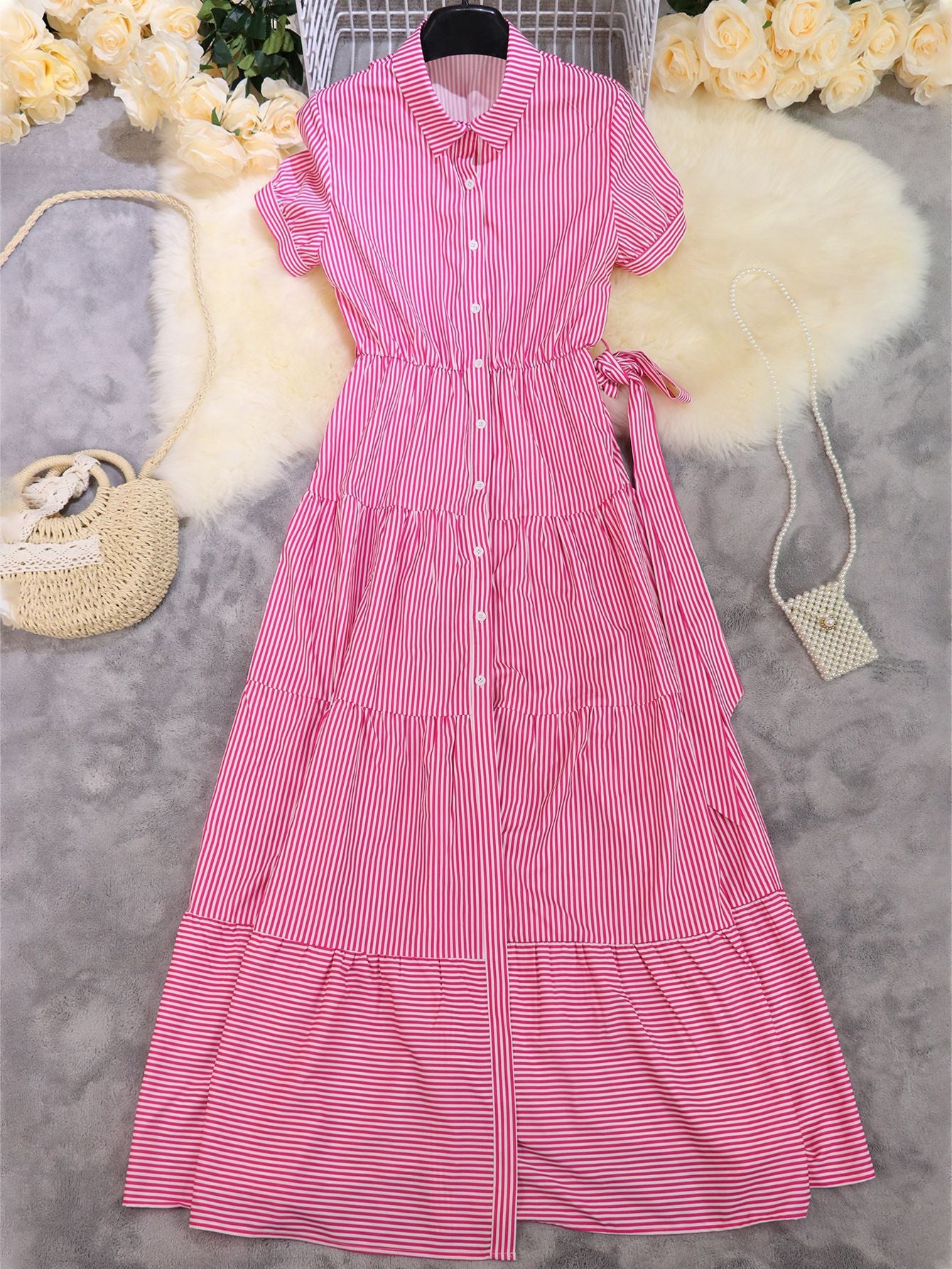 Fashionable Striped Sleeve Loose Midi Elegant Dress