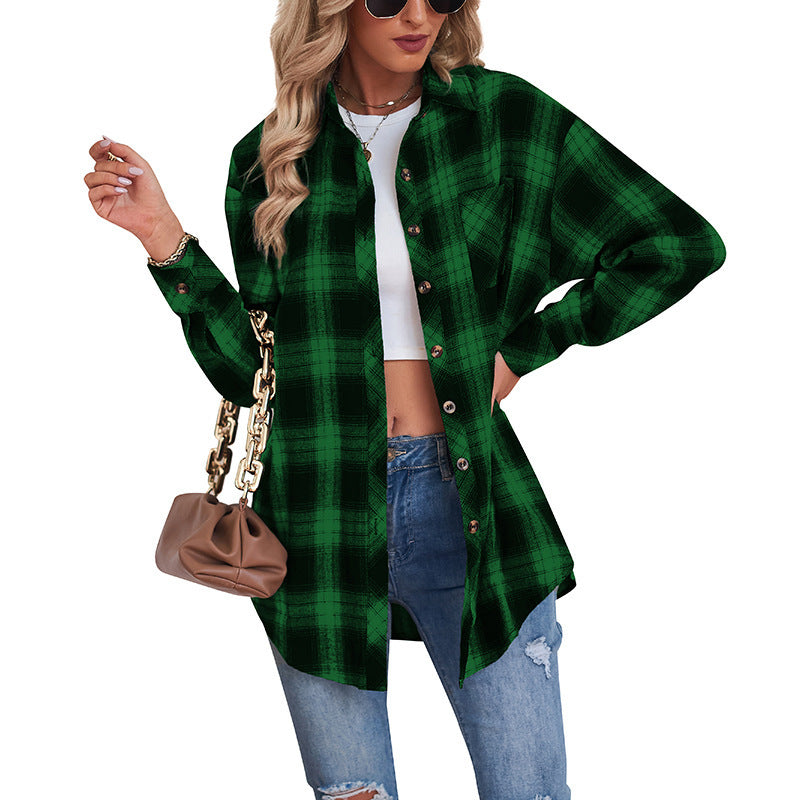 Women's Casual Boyfriend Style Loose Plaid Shirt Blouse