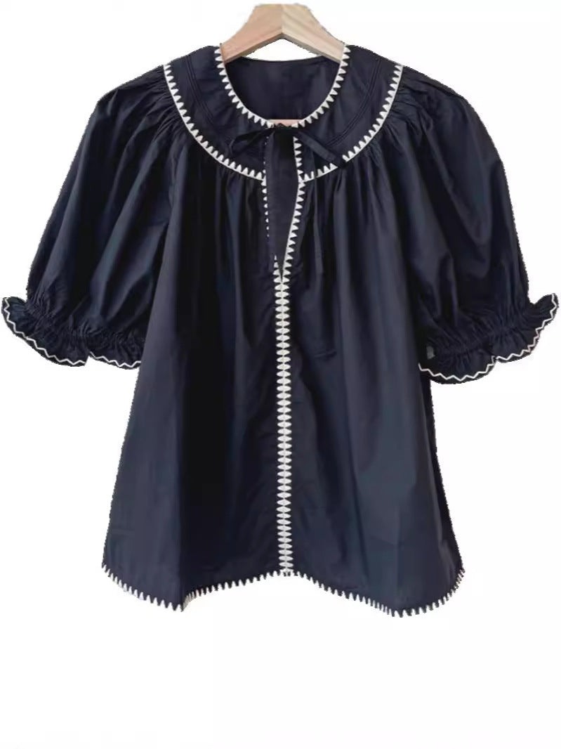 Water Soluble Shell Contrast Color Embroidered Shirt Puff Sleeve Tops