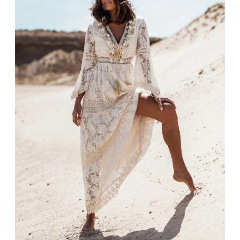 Women's Vintage Tassel Lace Stitching Casual Bohemian Style Vacation Dress