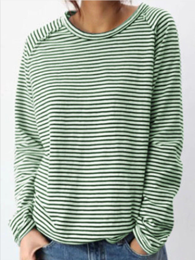 Women's Casual Loose Round Neck Raglan Long Sleeve Striped Printed Women's T-shirt