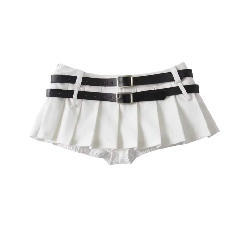 Women's American Niche Double Belt Design Hot Pleated A- Line Skirt