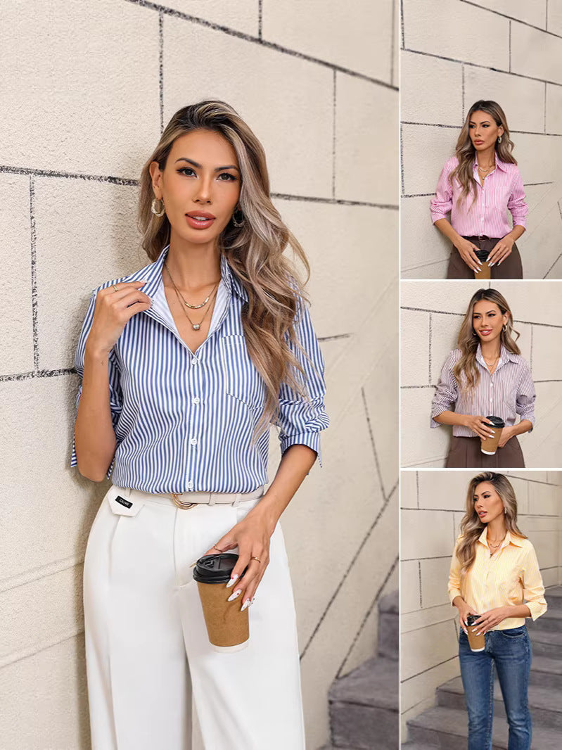 Women's Striped Loose Casual Collared Long-sleeved Shirt Blouse
