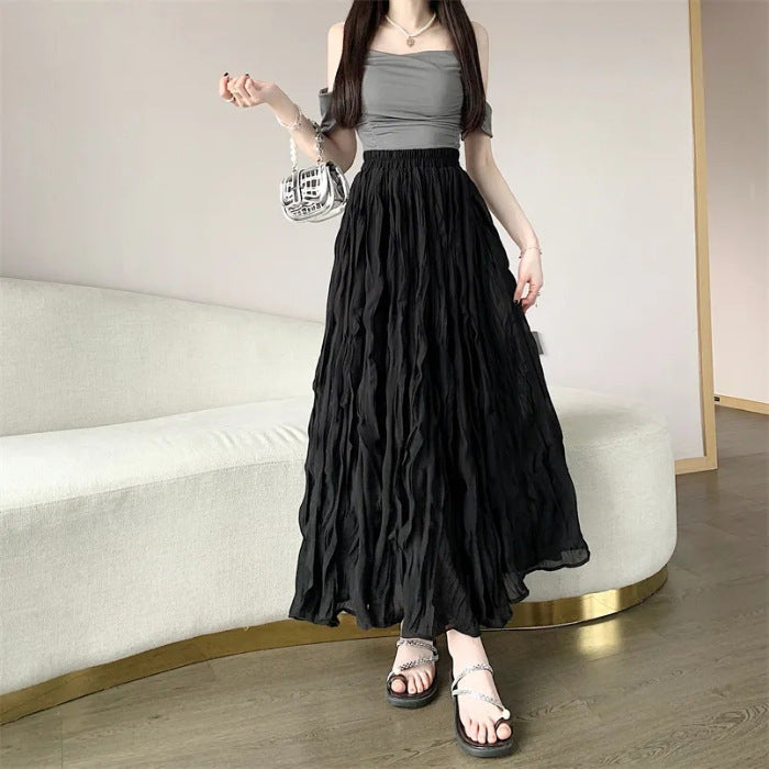 Women's White Elastic Waist A- Line Summer High Casual Elegant Long Skirt