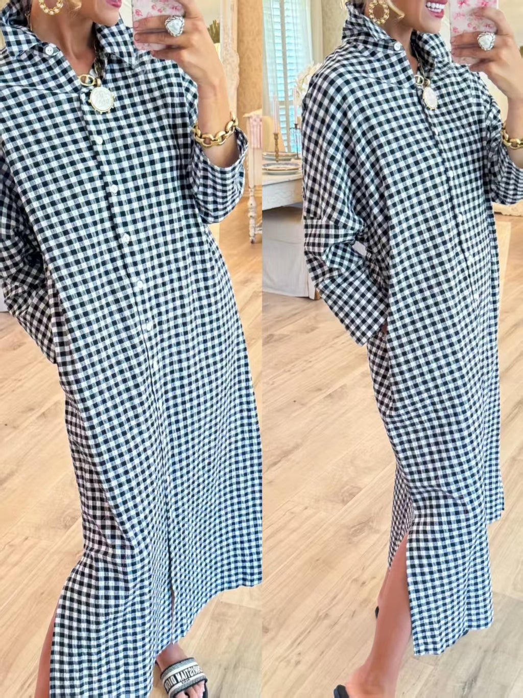 Women's Plaid Loose Slimming Side Slit Long Below The Knee Shirt Blouse
