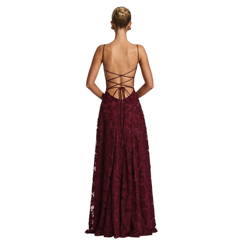 Women's Elegant Lace Sexy Backless Spaghetti Straps Dress