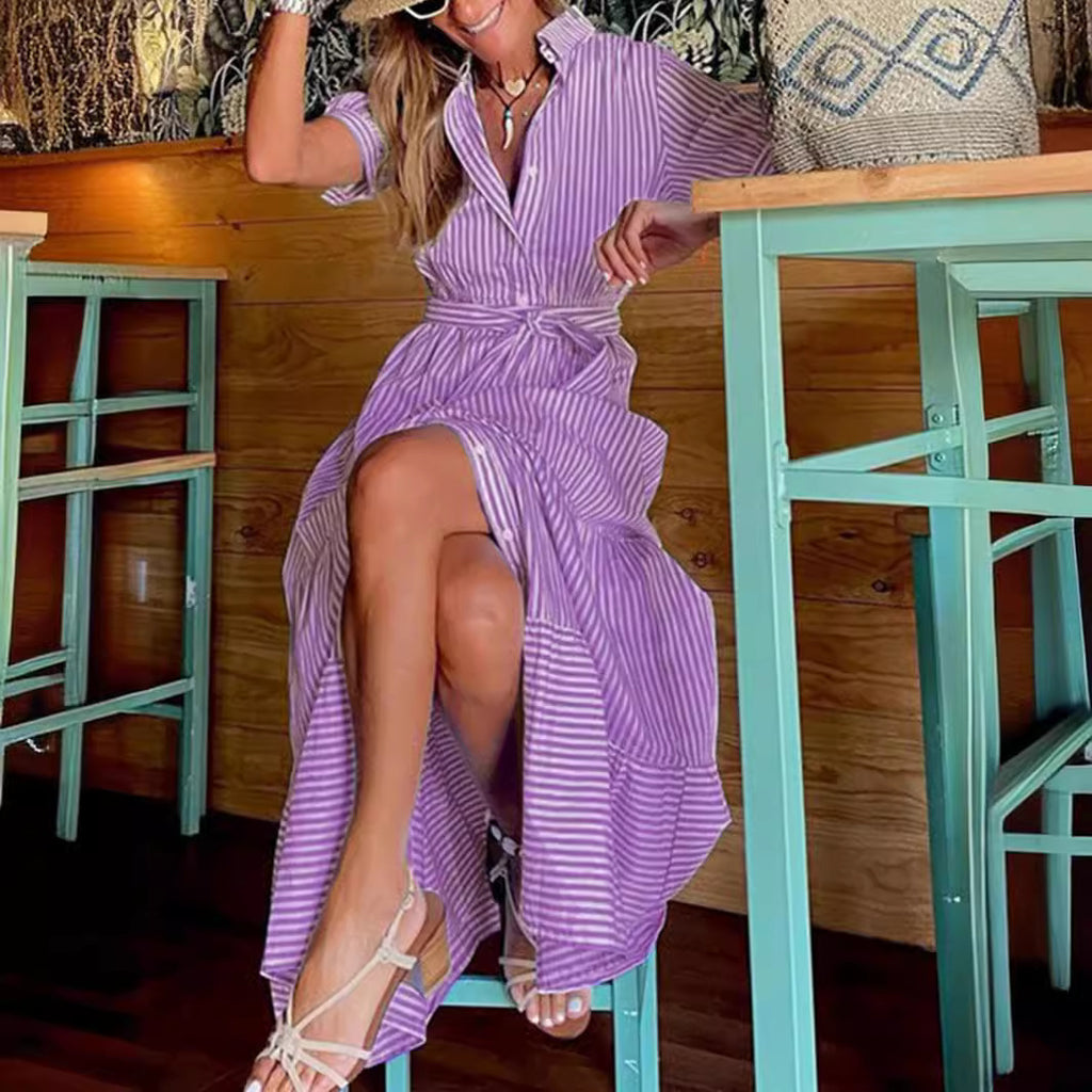 Fashionable Striped Sleeve Loose Midi Elegant Dress