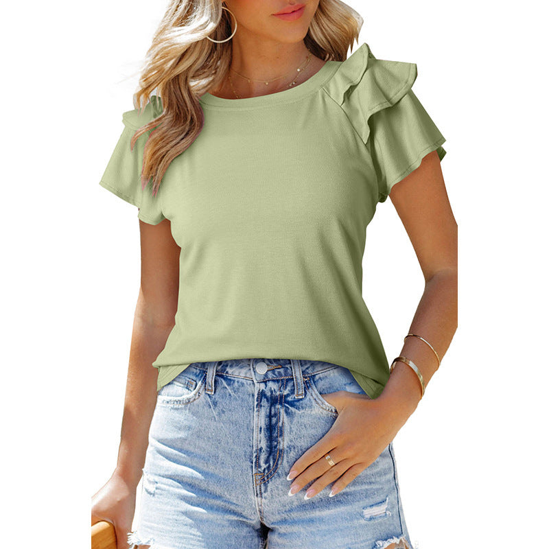 Women's Casual Style Solid Color Layered Frill Short-sleeved Women's T-shirt