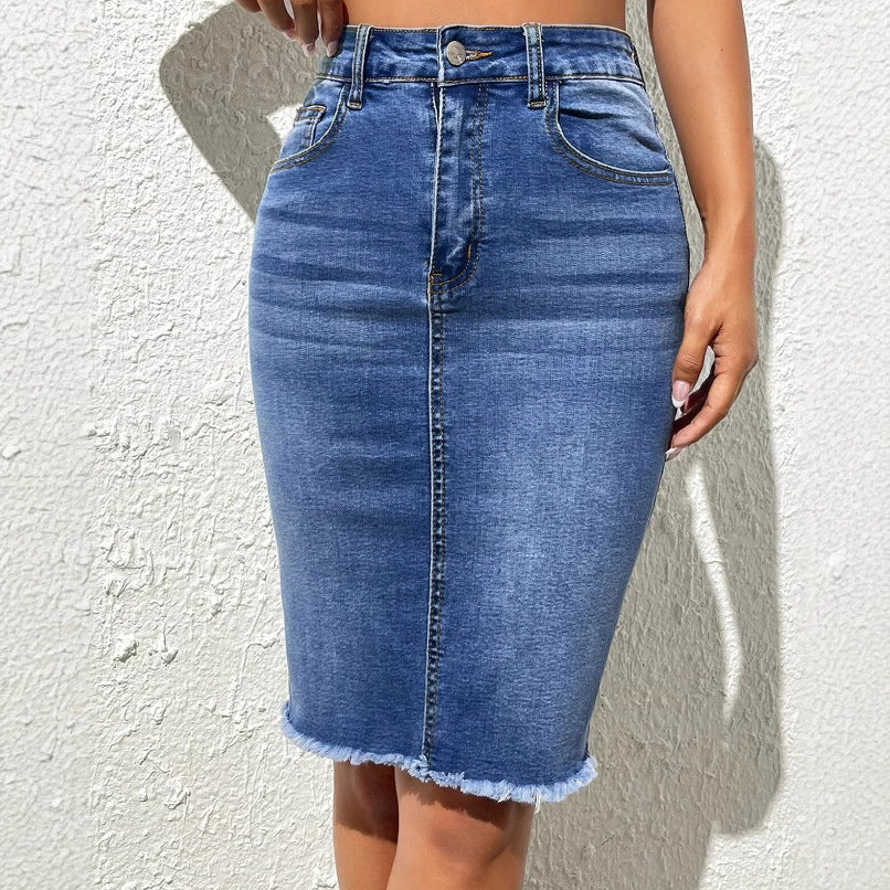 Stretch High Waist Frayed Denim Package Skirt
