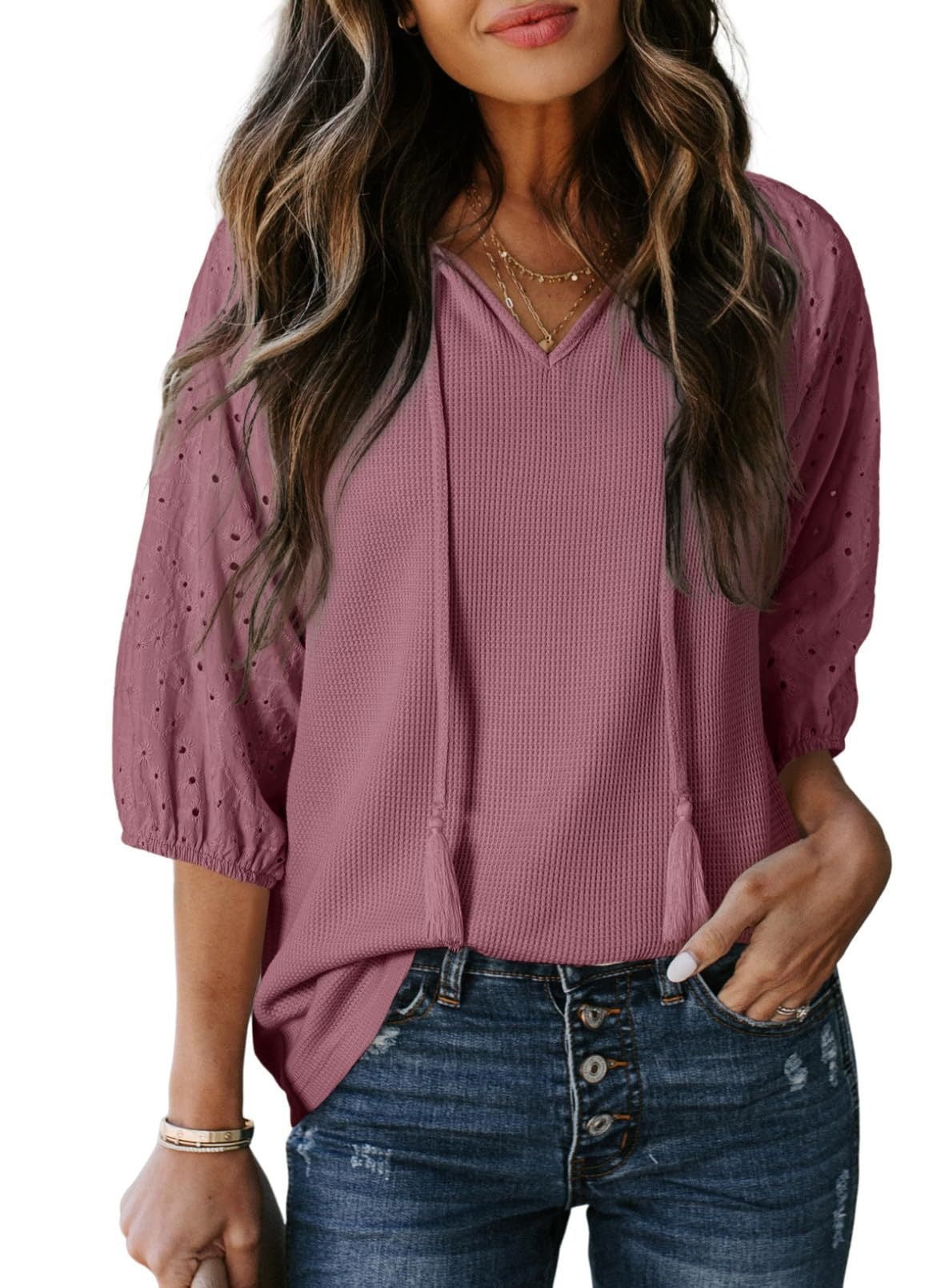 Women's Summer Jacquard Lantern Sleeve Color Matching Tops