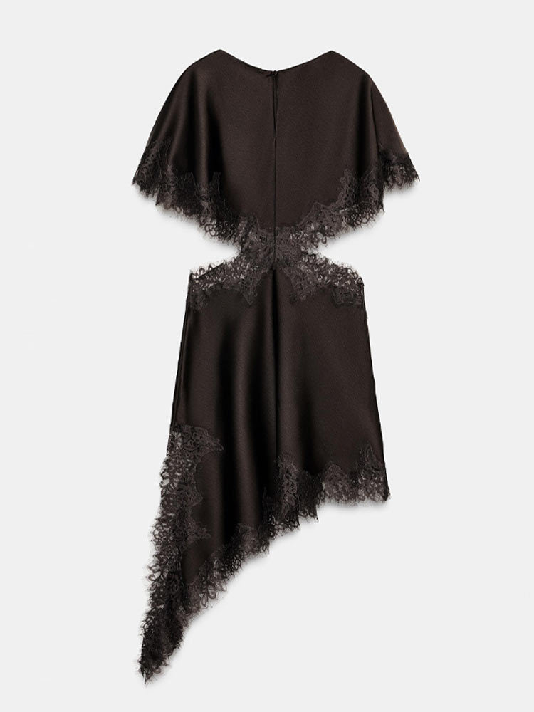 Women's Black Lace Stitching Sexy Asymmetric Hollow Dress