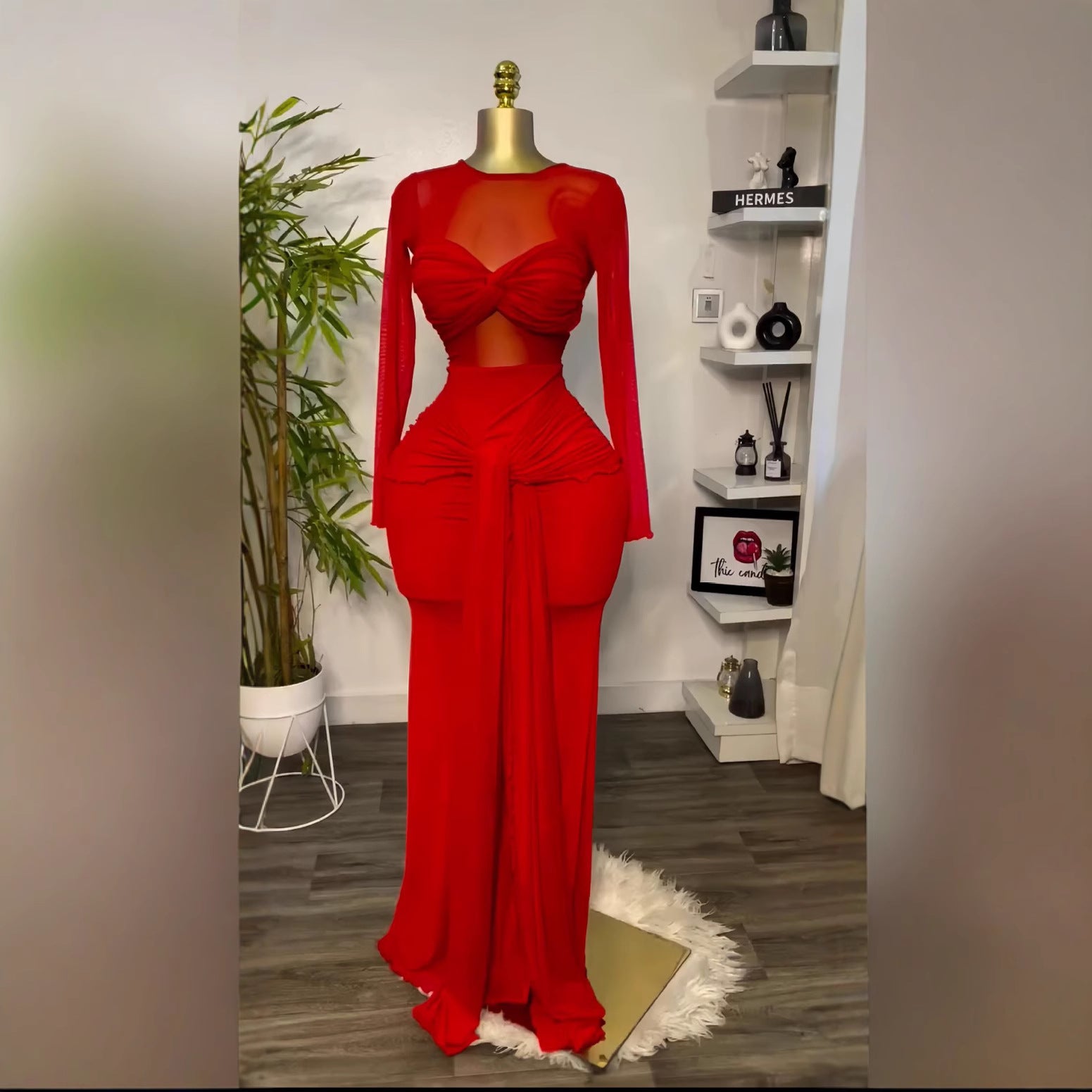 Women's Spring Solid Color Long Sleeve Round Dress