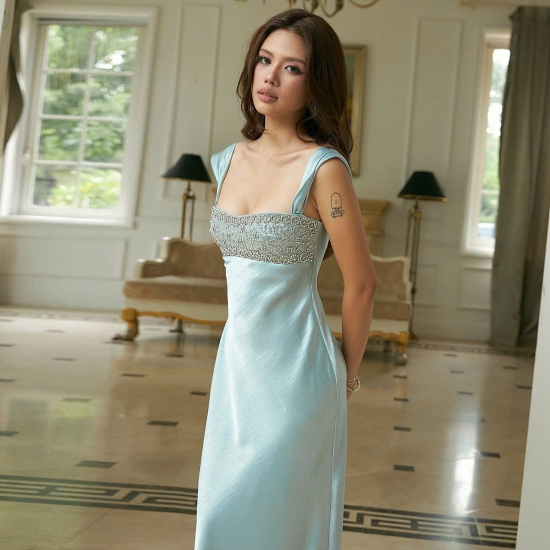 Women's Elegant Strap Tube Backless Rhinestone Long Dress