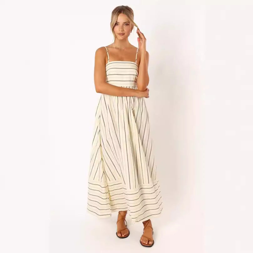Striped Sleeveless Sling Backless Large Swing Dress