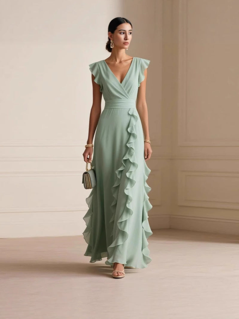 Women's Solid Color Pleated Sleeves Collar Long Dress