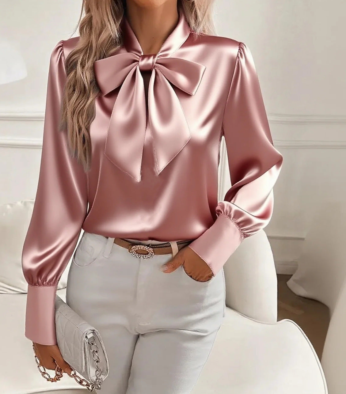 Women's Autumn Long Sleeve Bowknot Satin Shirt Tops