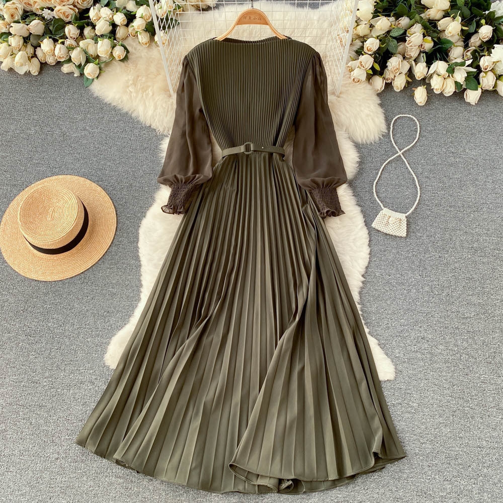 Women's Tight Waist Design Pleated Lightly Mature Dress