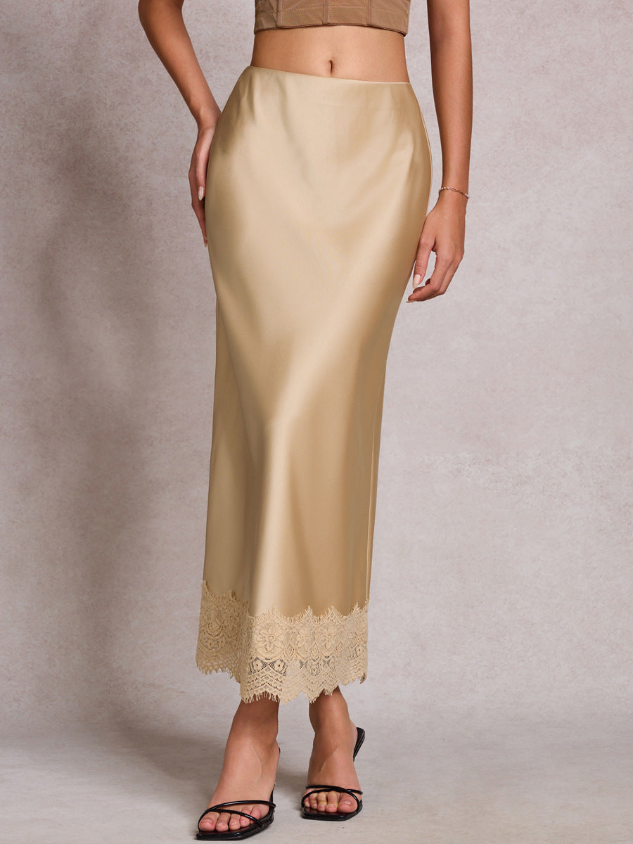 Women's Lace Satin High Waist Elastic Elegant Skirts