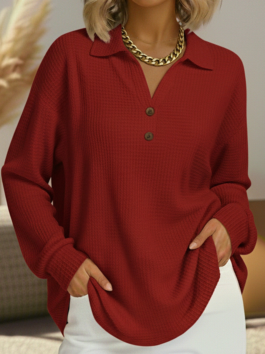 Fashion Buttons Waffle Solid Color Loose Pullover Long Blouse