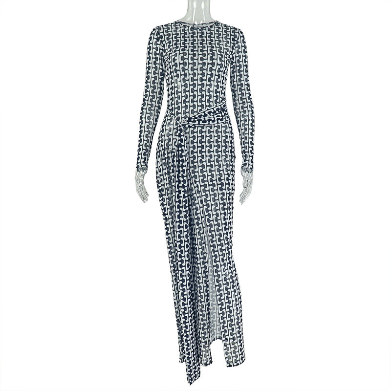 Women's Commute Split Slightly Transparent Waist Hip Printed Turtleneck Dress