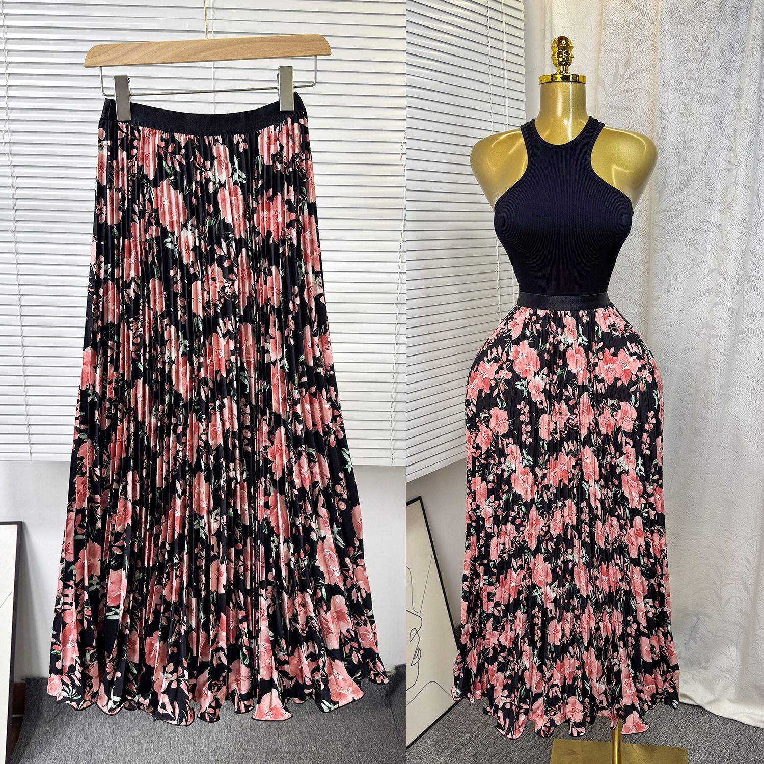 Women's Retro Printed High Waist A- Line Mid-length Pleated Large Hem Skirt