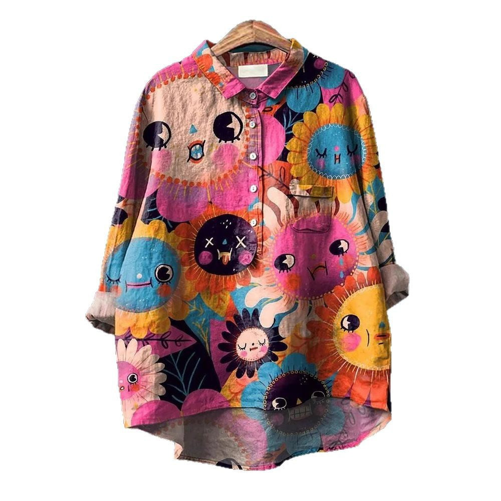 Women's Floral Print Autumn Loose Lapels Casual Blouse