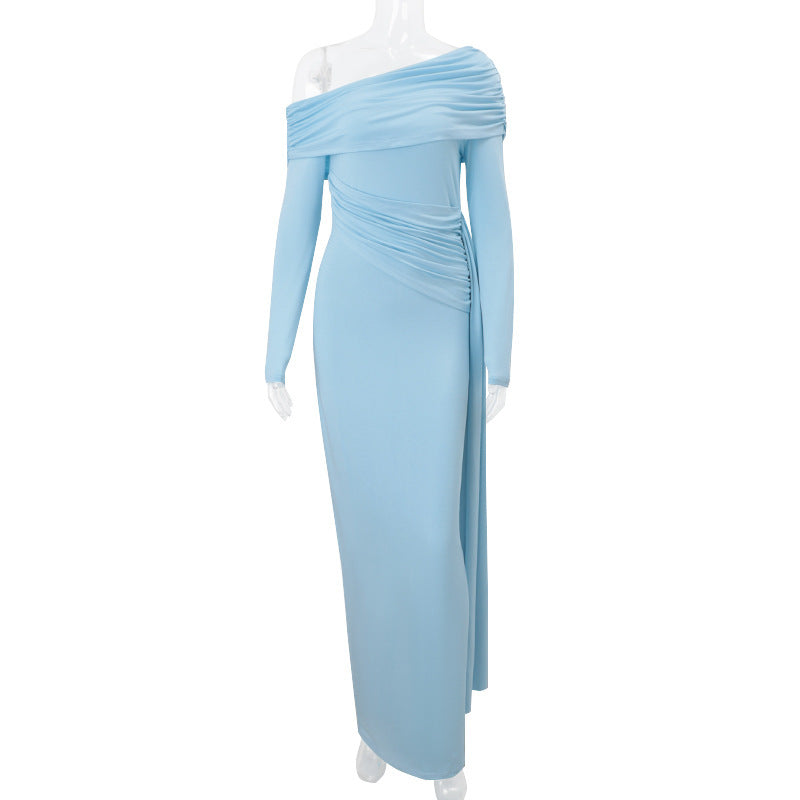Women's Temperament Pure Color Diagonal Collar Sheath Slimming Dress