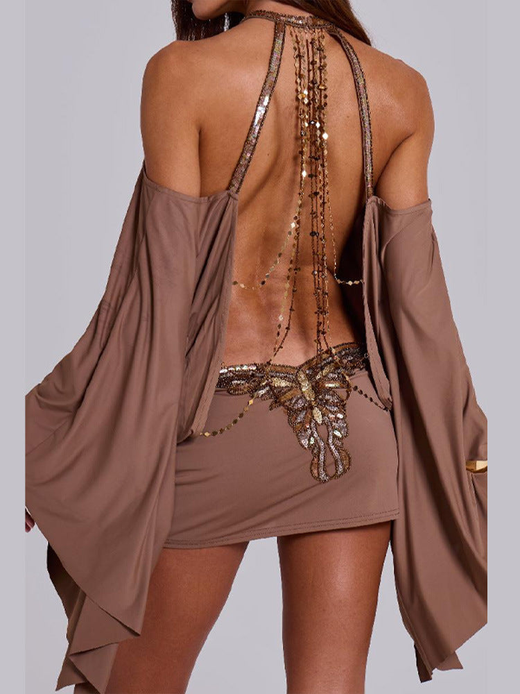 Women's Summer Sexy Hot Halter Backless Chain Decoration Dress