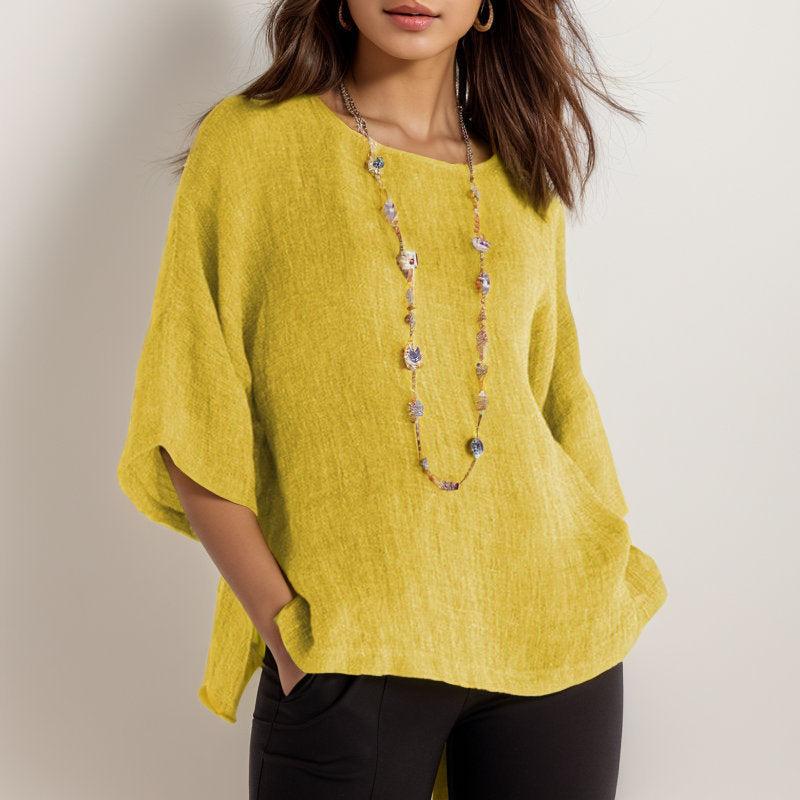 Women's Retro Shirt Three-quarter Sleeve Round Neck Cotton Blouse