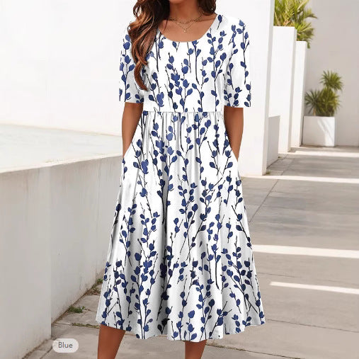 Women's Round Neck Printed Large Hem Dress