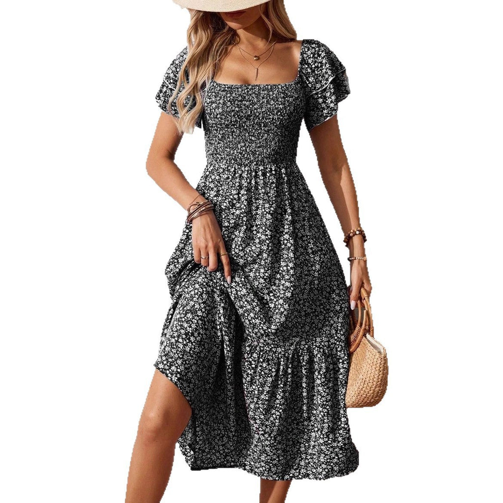 Women's Smocking Sleeve Square Collar Floral Long Dress