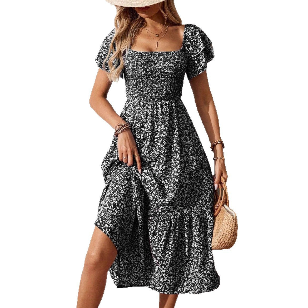 Women's Smocking Sleeve Square Collar Floral Long Dress