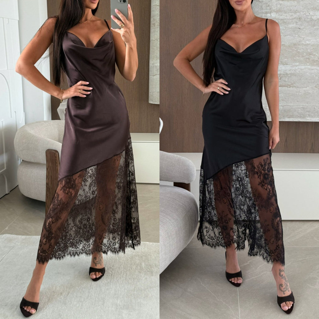 Sexy Lace Stitching Solid Color Strap Dress