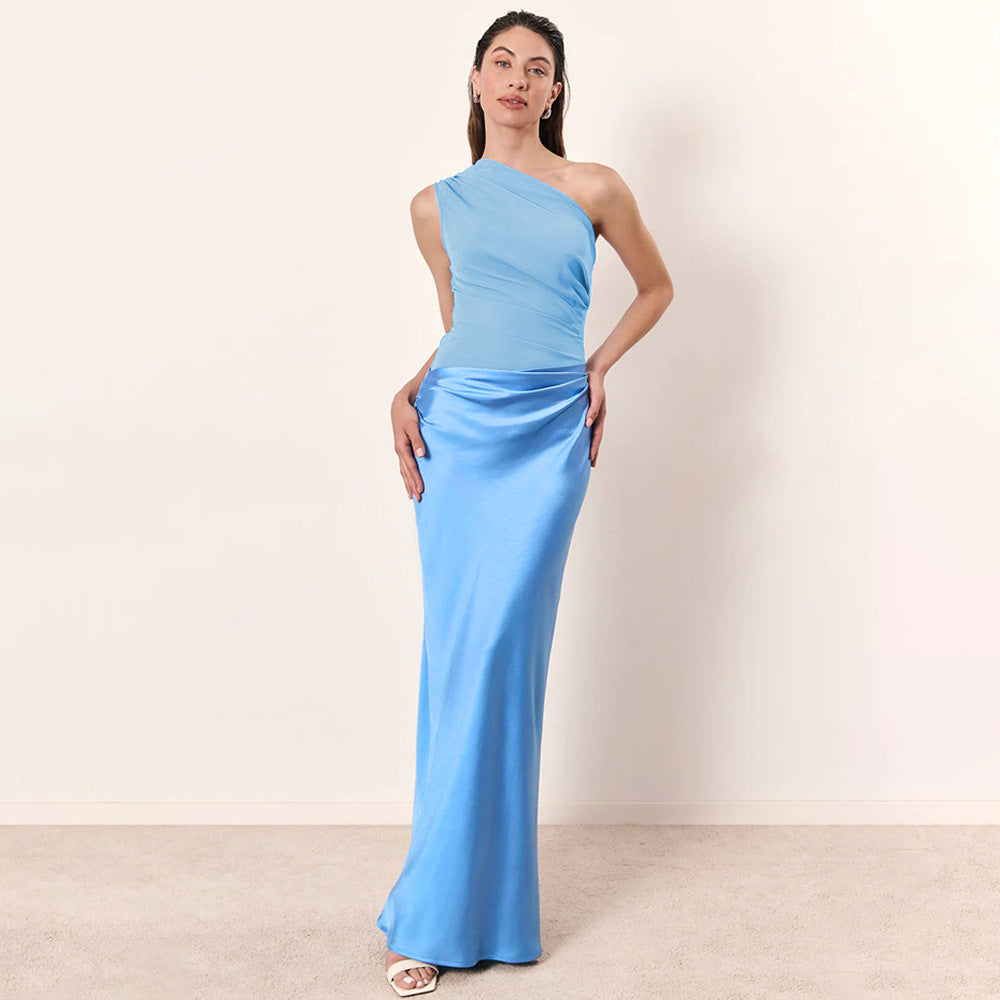Women's Oblique Shoulder Long Sexy Sleeveless Pleated Hot Dress