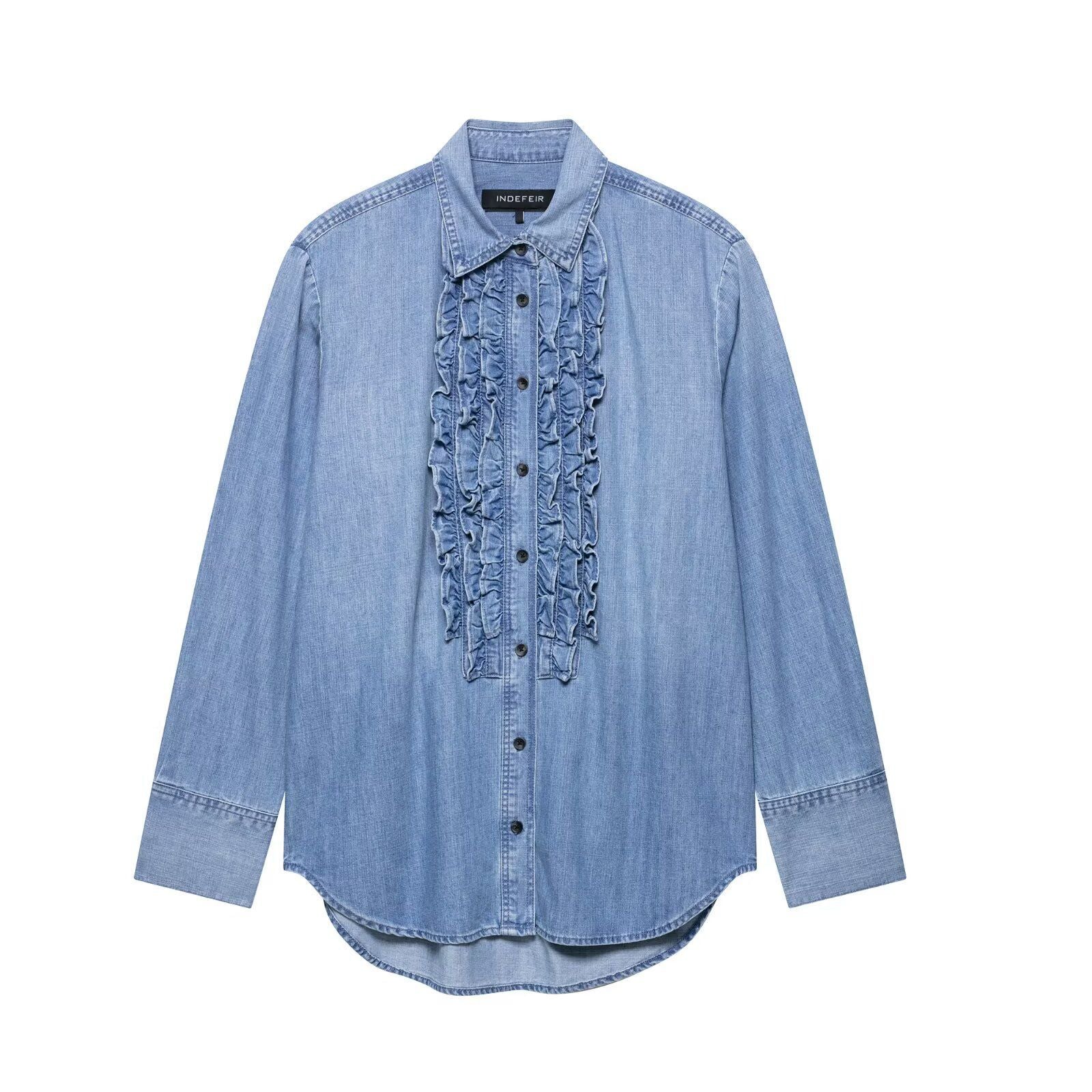 Women's Spring Fashion Loose Lapels Denim Solid Blouse