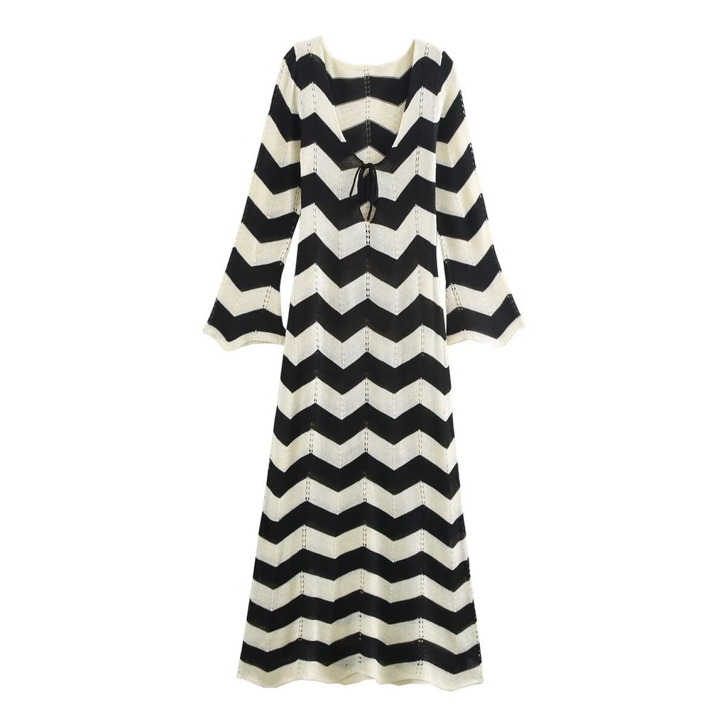 Women's Fashion Wear Elegant Tied Wave Pattern Long Sleeve Dress