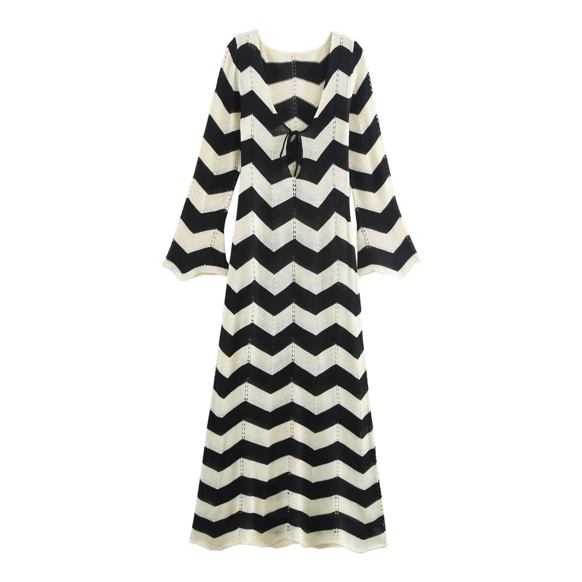 Women's Fashion Wear Elegant Tied Wave Pattern Long Sleeve Dress