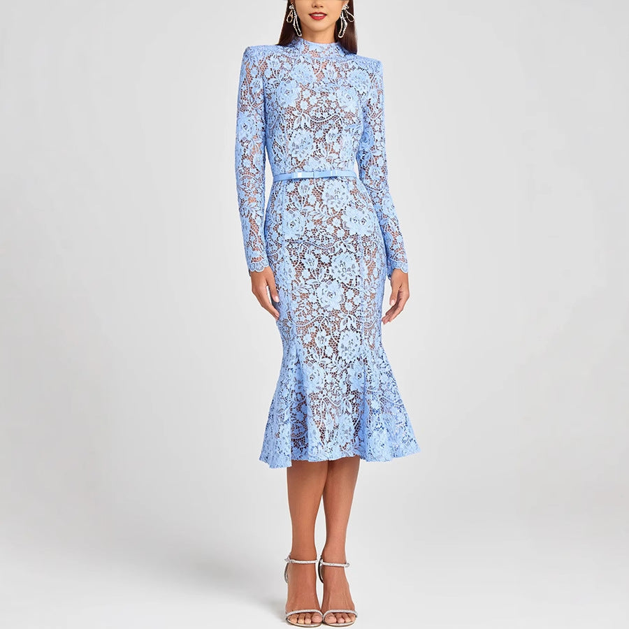 Stylish Slimming Lace Belt Long-sleeved Fishtail Dress
