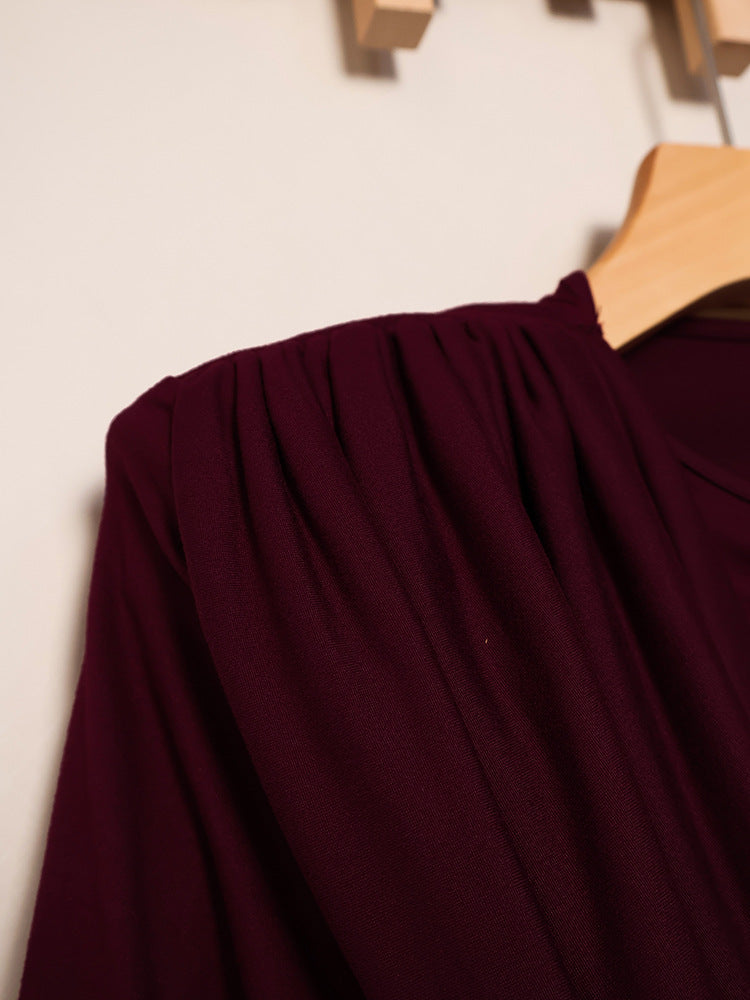 Women's Pleated Waist Tight Swing Collar Long-sleeved Beautiful Women's T-shirt