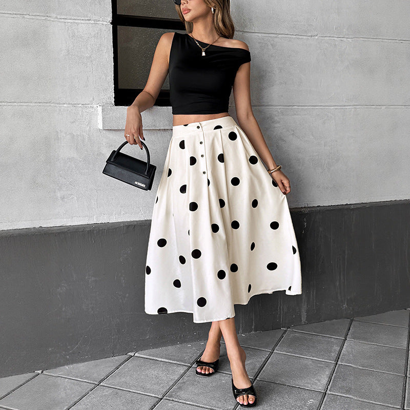 Summer White Umbrella Polka Dot Elastic Elegant Retro A- Skirt