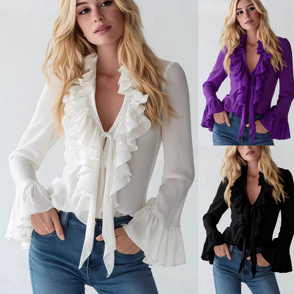 Spring French Elegant Ruffled Solid Color Puff Sleeve Blouse